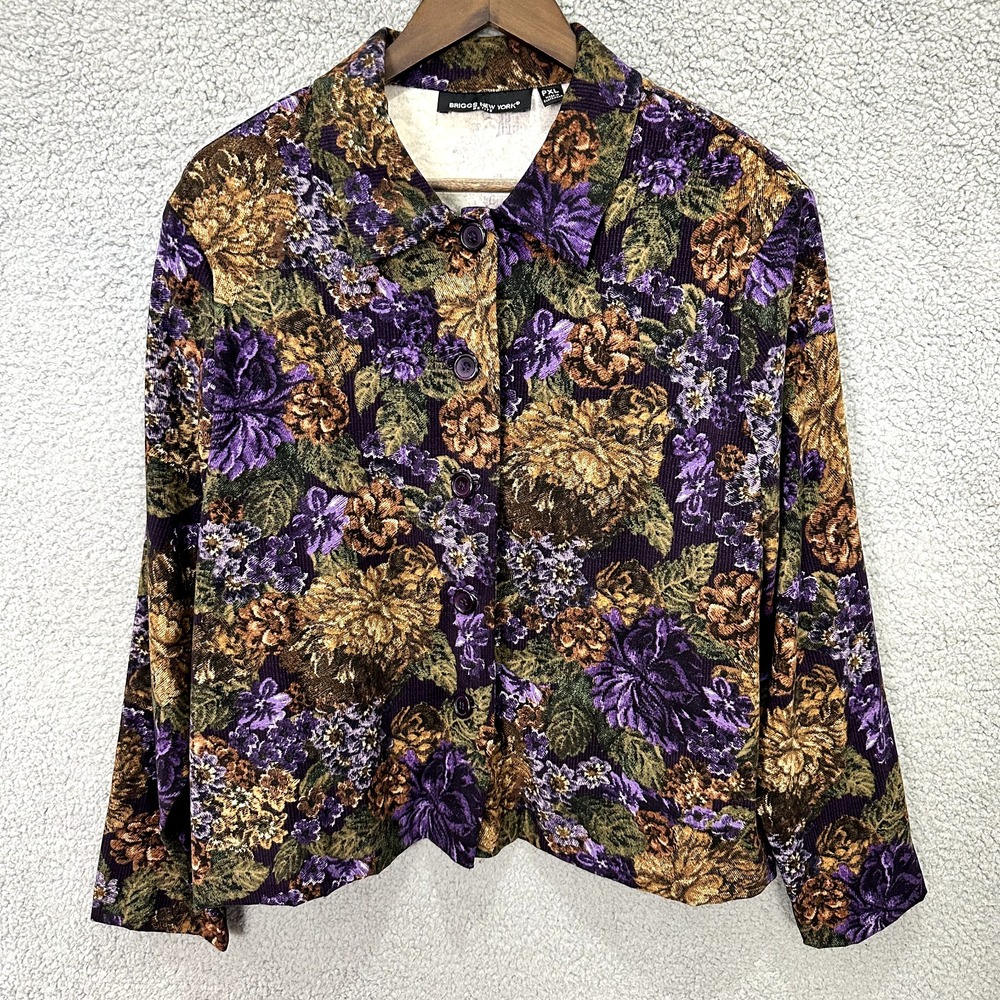 Briggs New York Corduroy Button Up Top Women XLp Petite Purple Floral Whimsigoth